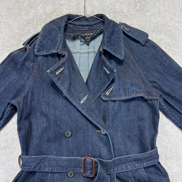 Lauren Jeans Co Ralph Lauren Trench Coat Womens Large Dark Wash Denim Belted - Picture 4 of 14